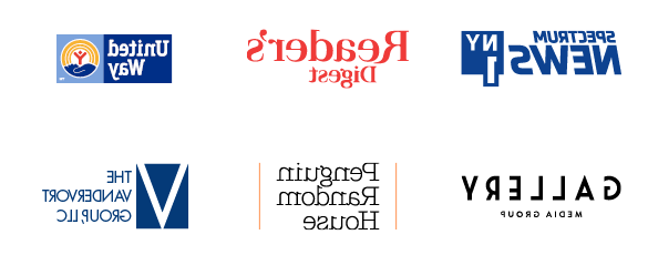 Logos of English internship locations: NY1 News Channel, Reader’s Digest, United Way, Gallery Media Group, Penguin Random House, and The Vandervort Group